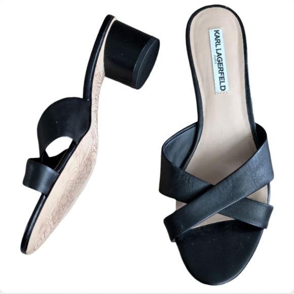 Karl Lagerfeld Fawn Leather Cross Strap Mule Sandals Size 10M Black EUC - Picture 7 of 9